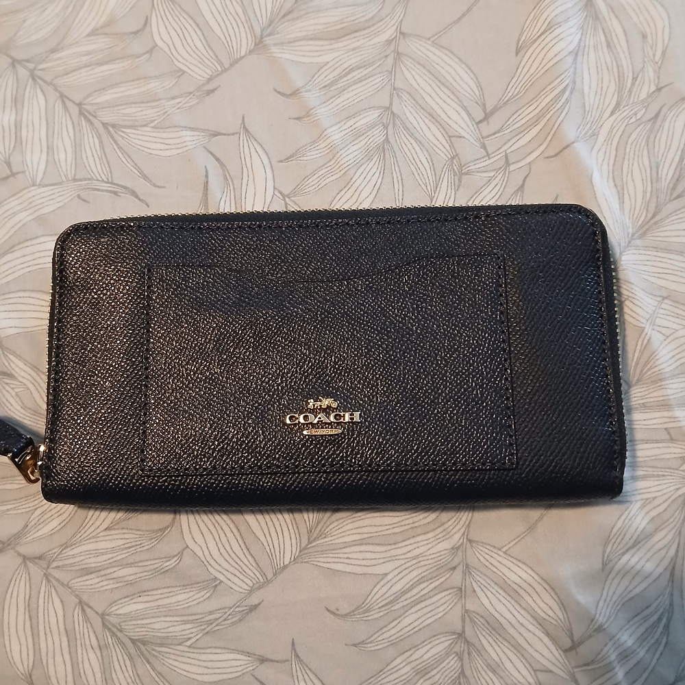 Coach Black Zip Around Leather Wallet with Gold Logo